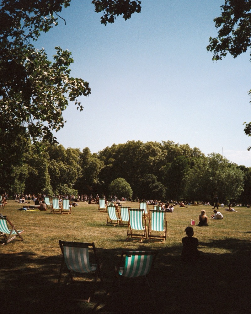 Striped deckchairs scattered across a sunny park lawn