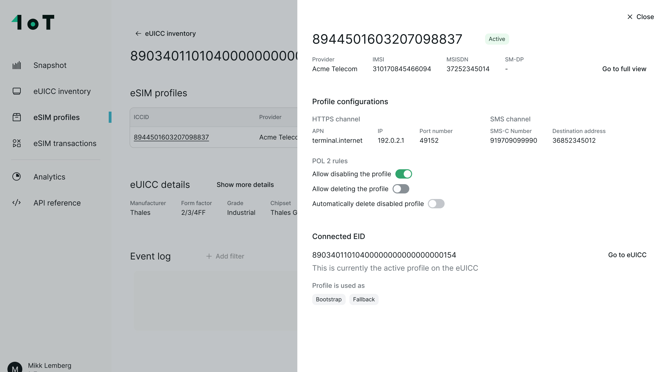 Latest network event and static information about the SIM