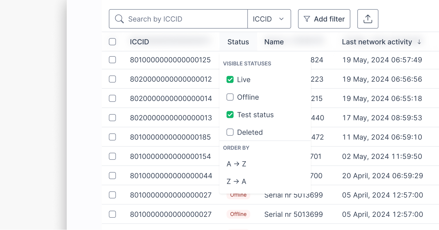 Table header with inline filtering options allowing direct filtering from column headers