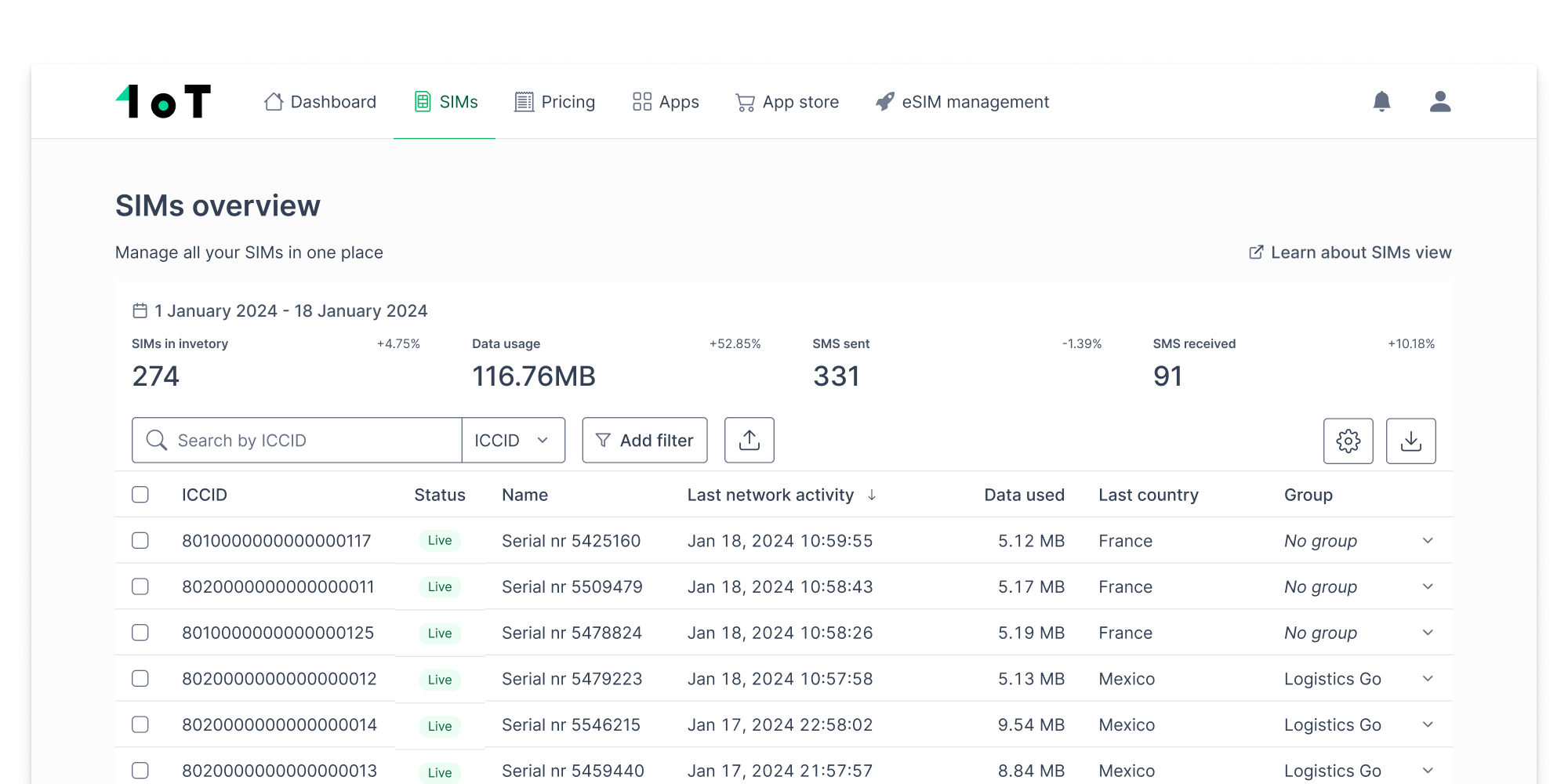 Redesigning the SIMs view in 1oT Terminal - “SIMs View interface showing the redesigned management system”