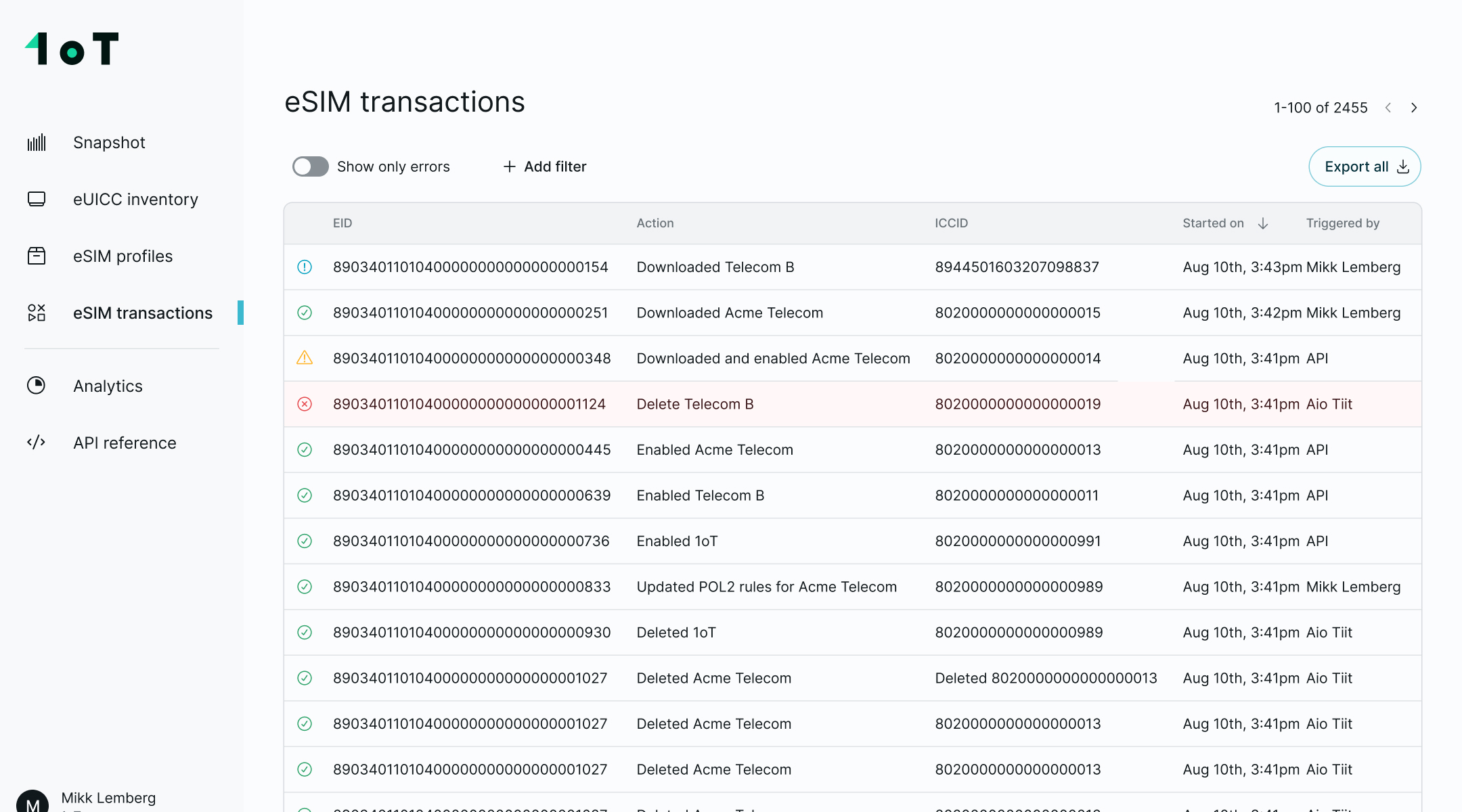 Latest network event and static information about the SIM