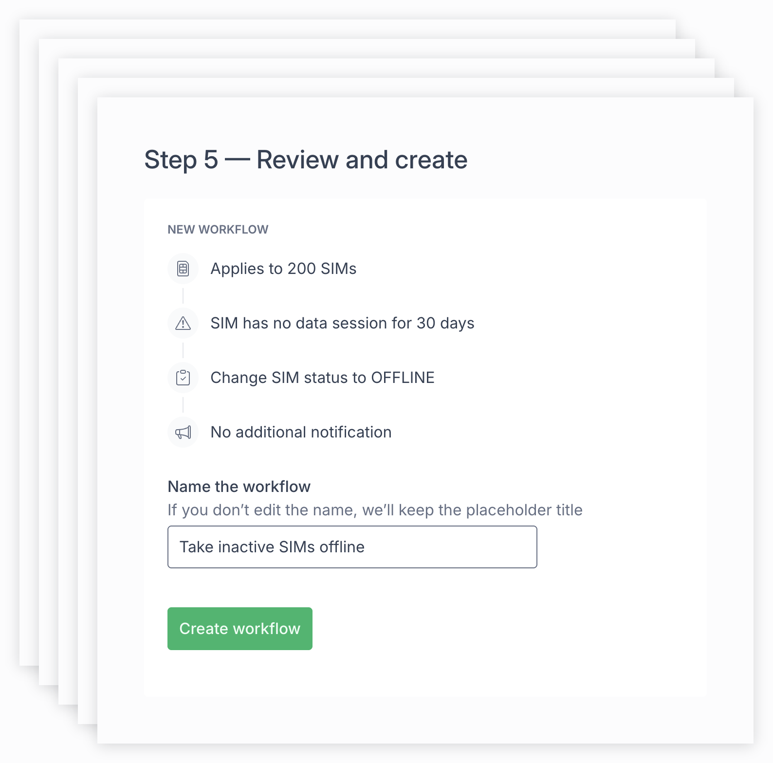 Animated overview: five workflow creation steps build into an overlapping stack