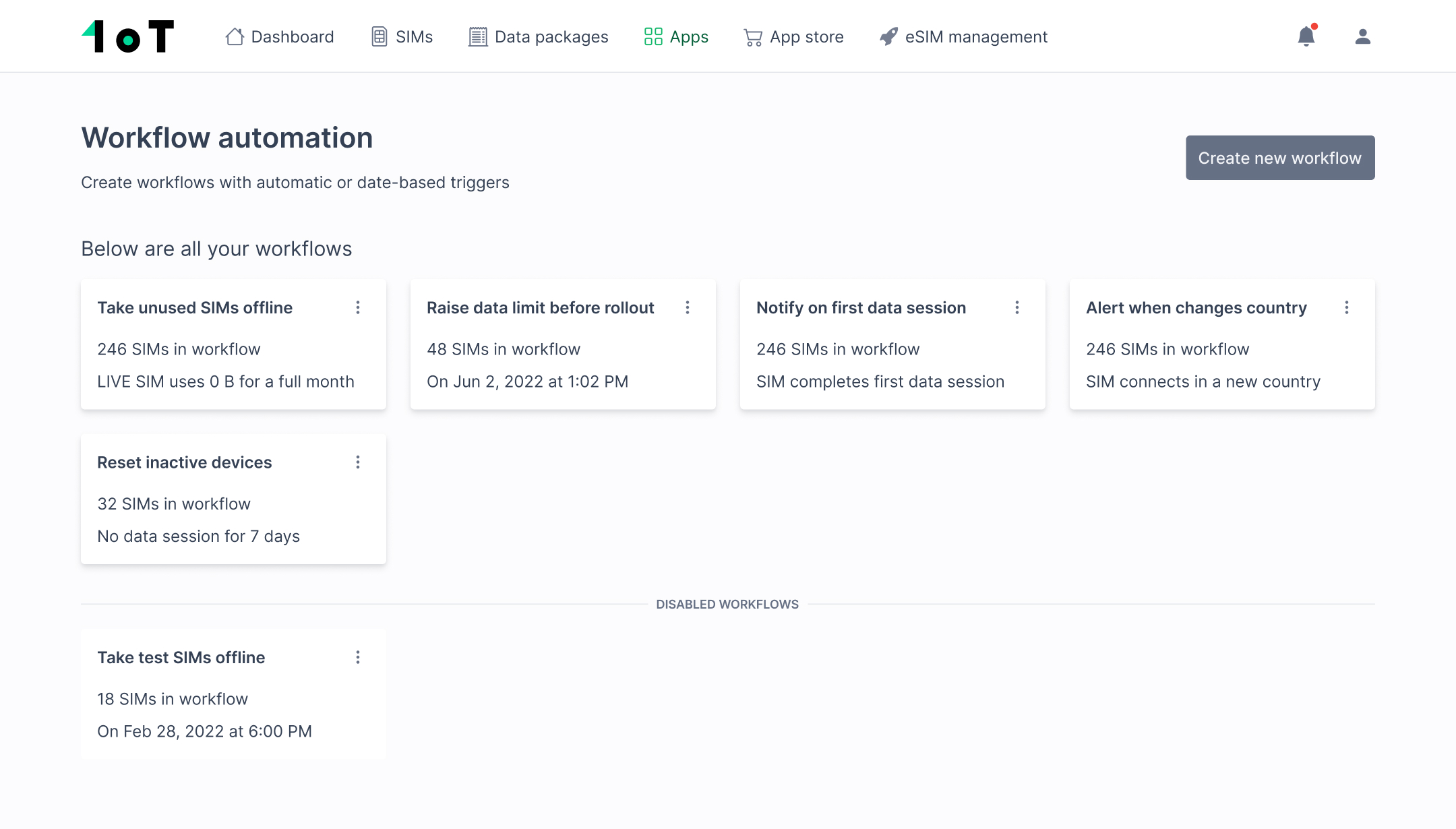 Workflow Automation overview showing active and disabled workflows in 1oT Terminal