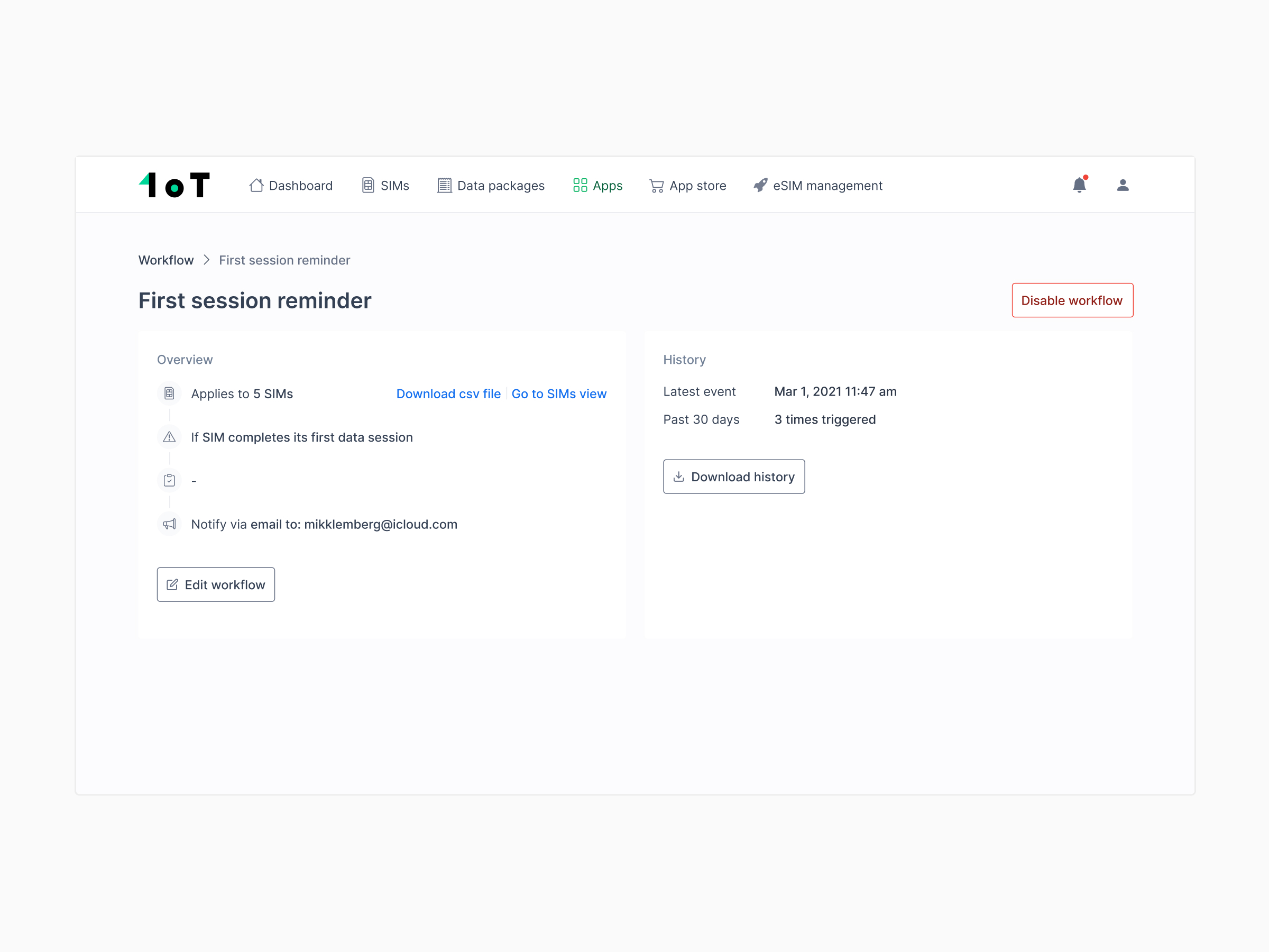 A notification-only workflow triggered by a SIM completing its first data session