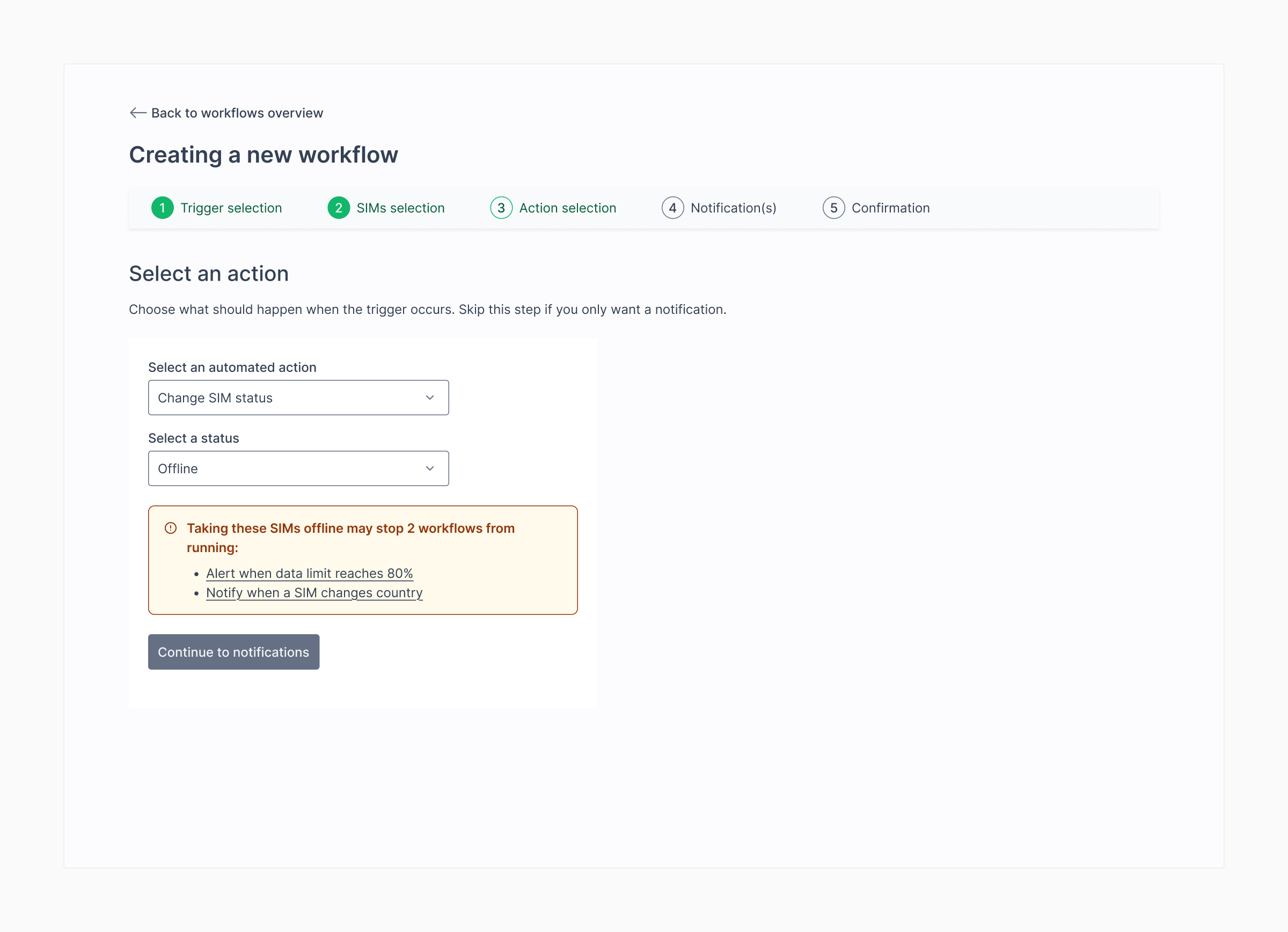 The builder warns when an action could prevent other workflows from running Conflict warning for an action that could stop two other workflows