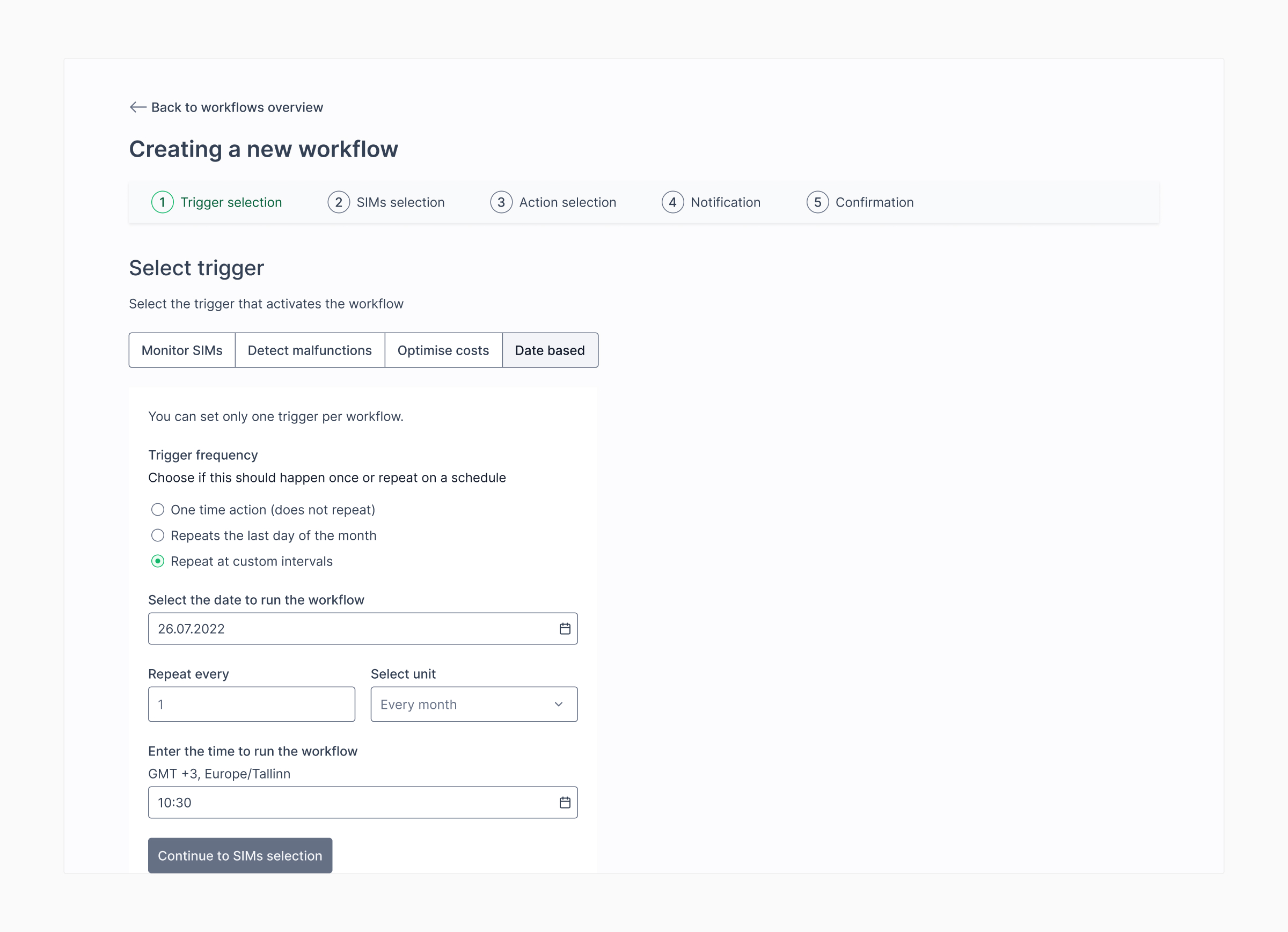 Recurring actions can run at a custom interval Recurring scheduled action in the date-based workflow builder